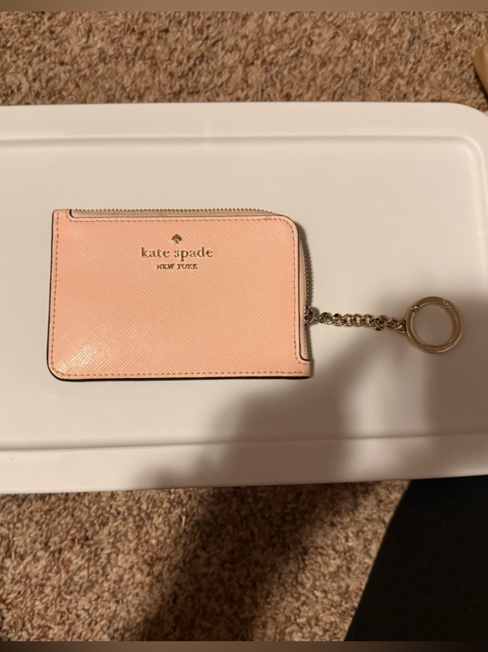 kate spade pale pink zip key card case with gold-tone chain